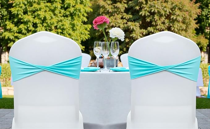 VDS Pack of 50 PCS | Aqua Blue| Spandex Chair Sashes Bows Without Buckle | Stretch Elastic Banquet Universal Folding Chair Band Tie with for Wedding Party Conference Celebration Event Decoration