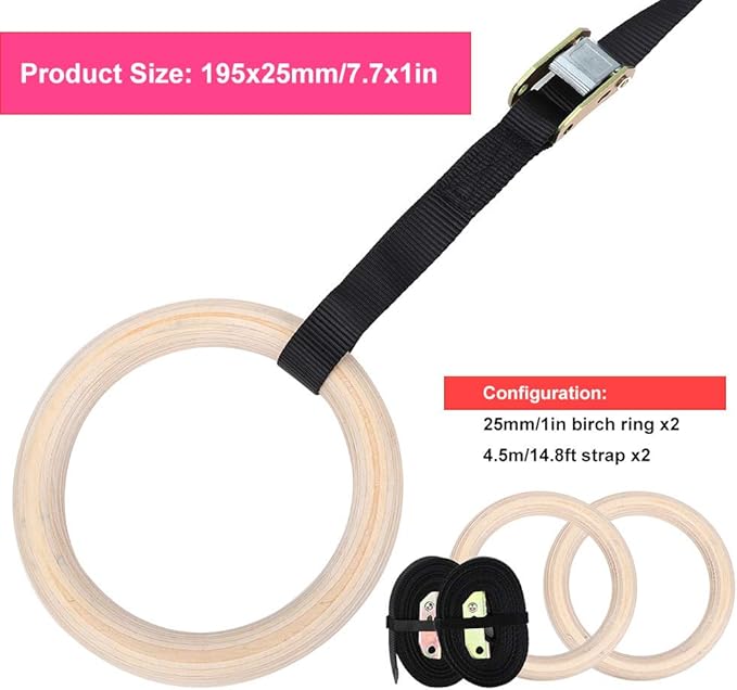 Topyond Wood Gymnastic Rings with Adjustable Straps, Olympic Rings 25mm for Gym, Workout, Exercise, Outdoor Training, Quick Install Carabiner, Can Hold up to 220lbs, 14.8 Ft. Strap