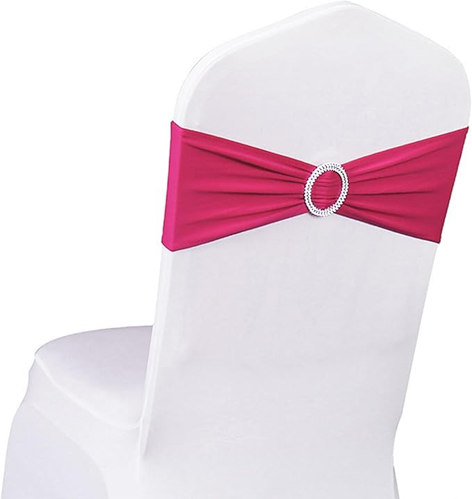 100 Pack Spandex Hot Pink Chair Sashes for Wedding - Stretch Fuchsia Chair Bows Sash Bands with Buckle for Party Birthday Banquets Bridal Baby Shower Events Decorations