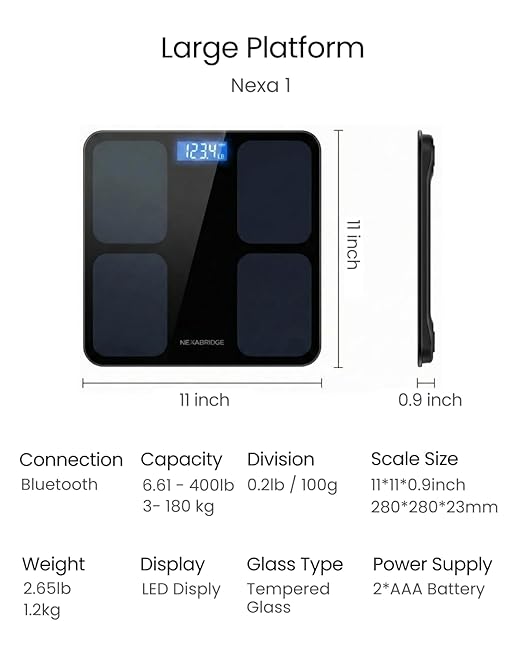 Smart Scale for Body Weight, BMI, Body Fat, Muscle Mass, 11" Large Digital Bathroom Scale, 12 Body Composition Analysis, Sync App, Bluetooth, LED Display, 400 lbs - Nexa 1