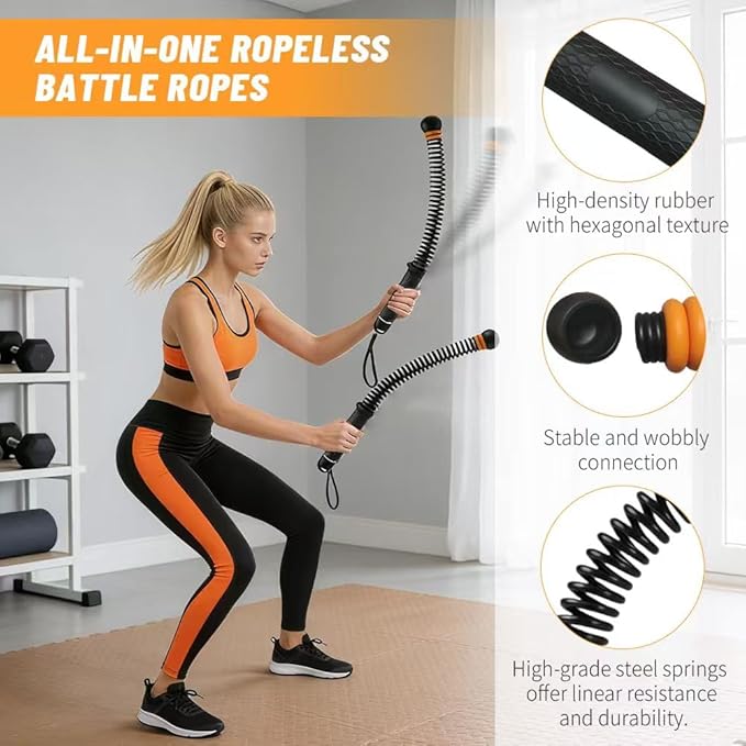 Weighted Cordless Battle Ropes - Portable Ropeless Training Ropes with Adjustable Resistance for Home Gym, Indoor HIIT Workouts, Full Body Strength & Cardio Exercise Equipment for Men Women (2-Pack, 3 lbs)