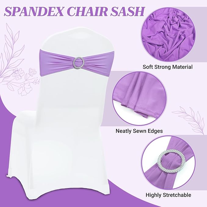 VDS - Lavender | Spandex Chair Sashes Bows | 75 PCS | Stretch Elastic Banquet Universal Folding Chair Band Tie with Silver Buckle Slider for Wedding Party Conference Celebration Event Decoration