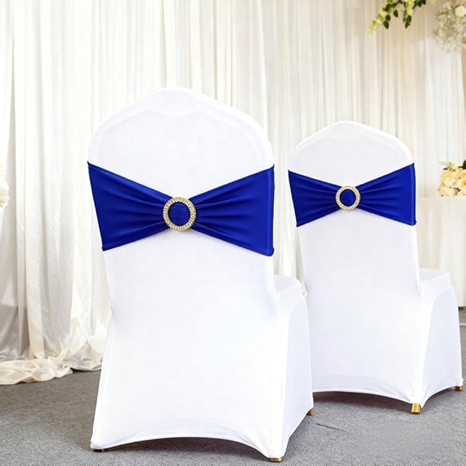 Royal Blue Chair Sashes 50 Pack, Spandex Blue Chair Bows with Gold Buckle for Wedding Decoration, Stretch Blue Chairs Bands for Party Banquet Gender Reveal Décor