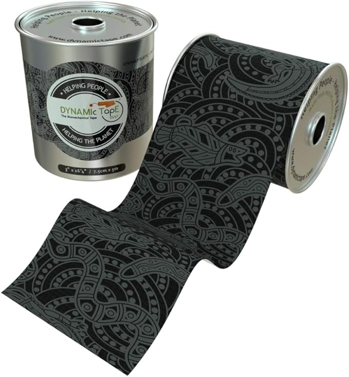 Dynamic Tape Eco - Elastic Athletic Tape Made from Recycled Materials | 4Way Biomechanical Stretch & Stronger Recoil than Kinesiology Tape | For Sports Muscle & Joint Load Mgmt | 3” (Grey/Black 4pack)