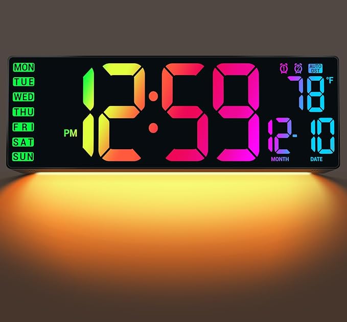16.5" Large Digital Wall Clock with Remote Control, Auto-Dimming LED Display with Date Temp, Big Number Wall Mount Decor Clock for Seniors, Classroom, Dorm, Home, Office, Gym Colorful