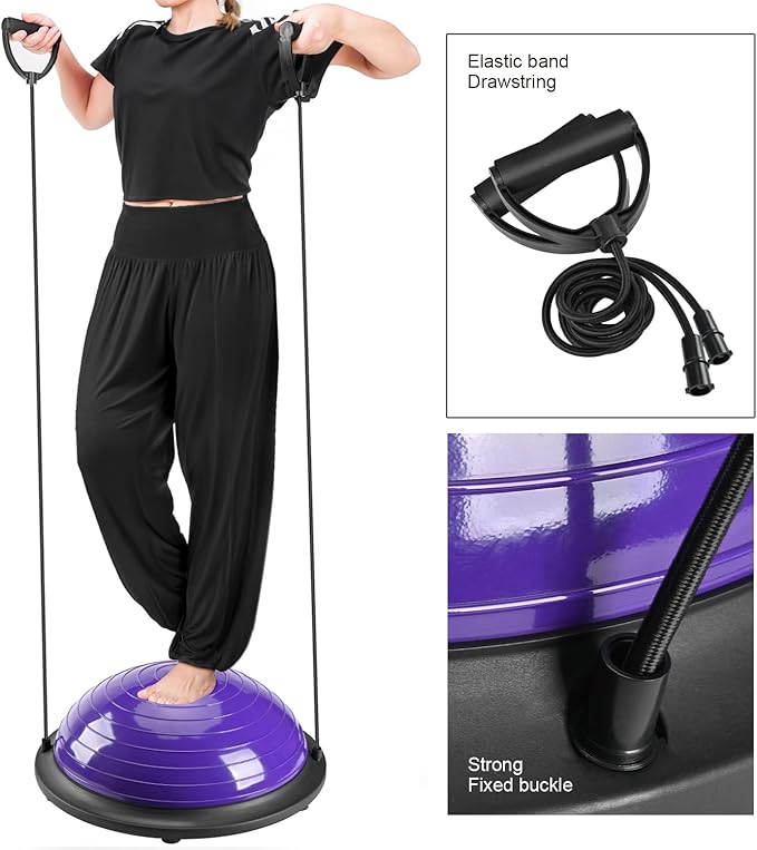 Half Balance Ball Trainer, Half Yoga Exercise Ball with Resistance Bands and Foot Pump, Balance Trainer for Stability Training, Strength Exercise Fitness, Home Gym Workout Equipment