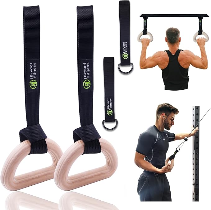 J Bryant Fitness Wooden Gymnastic Rings - Pull Up Grips & LAT Pull Down Gym Handles Design, Sturdy Webbing Straps with D-Rings, Pilates, Strength Training, and Portable Fitness - Includes Carry Bag