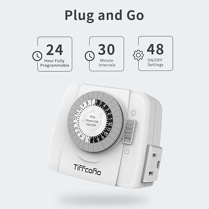 TiFFCOFiO Indoor Mechanical Outlet Timer, 3 Prong Timers for Electrical Outlets, 24-Hour Programmable Plug in Light Timer, ETL Listed (2 Outlets, 2 Packs)