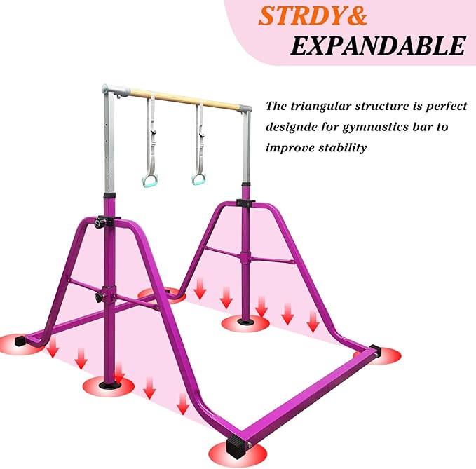 Foldable & Moveable Gymnastics Horizontal Bar with Rings,3’to 5’Adjustable Height Expandable Junior Kip Bar for Home,Indoor Gym Equipment for Kids