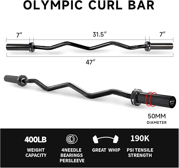 Olympic EZ Curl Barbell Bar, 400LBS Weight Capacity Olympic Curl Bar, 4ft Barbell Weight Bar with Knurled Grip for 2 Inch Weight Plates, Hip Thrusts,Squat,Biceps-Home Gym Weight Bar