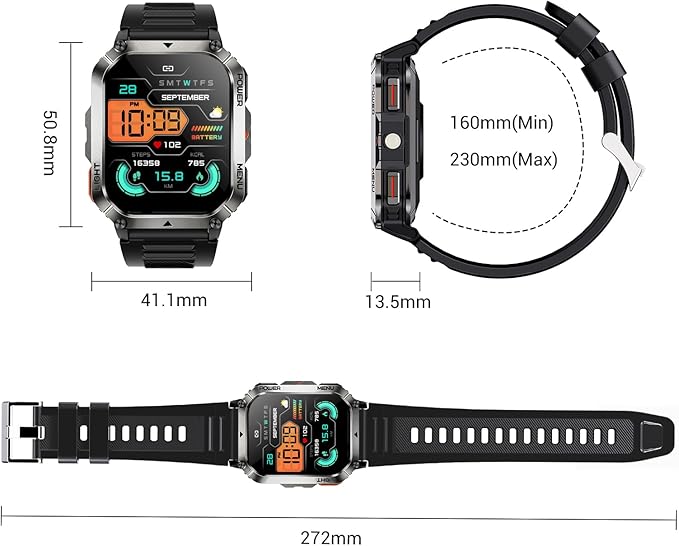 Military Tactical Smart Watches for Men, 100-Day Battery Rugged Fitness Watch with Compass & Flashlight, Sports Watch for Android with 2.01" HD Display AI Voice, IP68 Waterproof Smartwatch (Black)