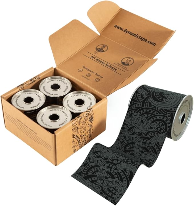 Dynamic Tape Eco - Elastic Athletic Tape Made from Recycled Materials | 4Way Biomechanical Stretch & Stronger Recoil than Kinesiology Tape | For Sports Muscle & Joint Load Mgmt | 3” (Grey/Black 4pack)