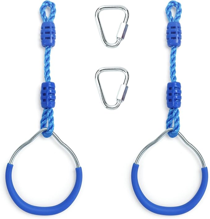 Ninja Ring Backyard Gymnastic Fitness Fist Outdoor Jungle Gym Play Set Playground Training Equipment, 2 Blue Swing Monkey Bar Hang Climbing Ring Warrior Obstacle Course Trapeze Slackline Attachments