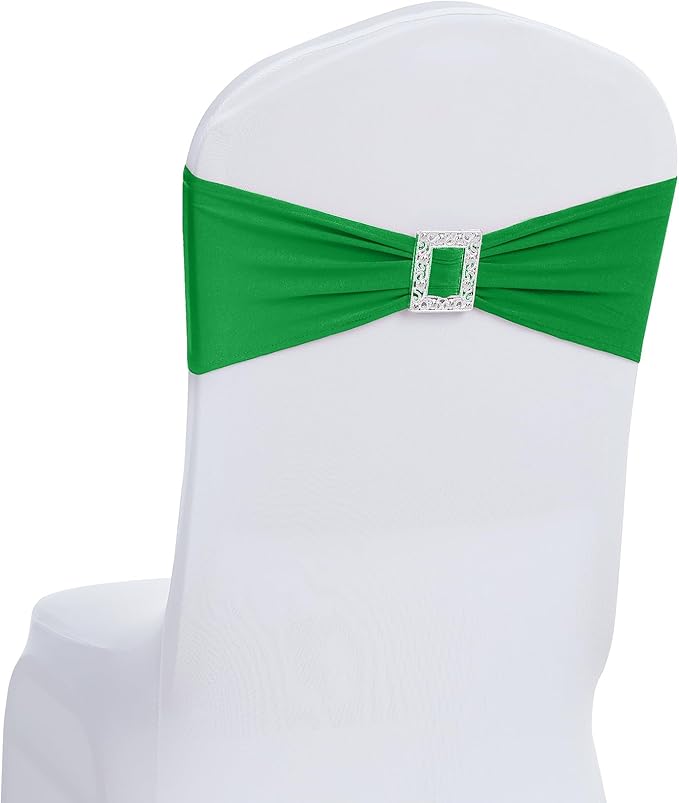 Joccun 60 PCS Spandex Chair Sashes Bows Stretch Chair Cover Band with Buckle Slider Universal Elastic Chair Ties for Wedding Banquet Party Event Decoration (EmeraId)