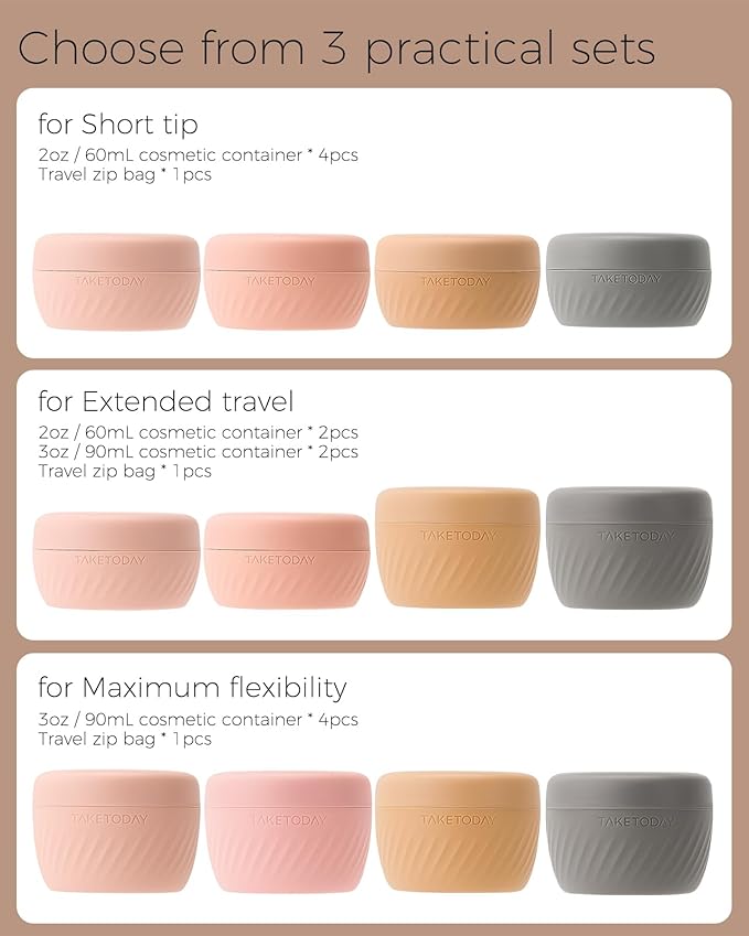 TakeToday Travel Containers for Toiletries, Leak-Proof, TSA Approved, Refillable Silicone Cylindrical Cream Jars with Lid for Cosmetic Toiletry, 2oz, 4 Pack, Apricot