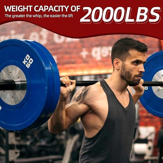 Professional Powerlifting Barbell, Aggressive Knurling 7ft/45lb Power Bar, 2000 lbs Capacity 205K PSI Weight Bar Fit 2" Plates for Bench, Squat, and Deadlift