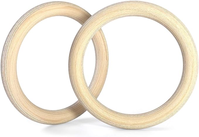 Double Circle Wood Gymnastic Rings (Rings Only) and Exercise Videos Guide for Gym, Compatible with Crossfit, and Bodyweight Training