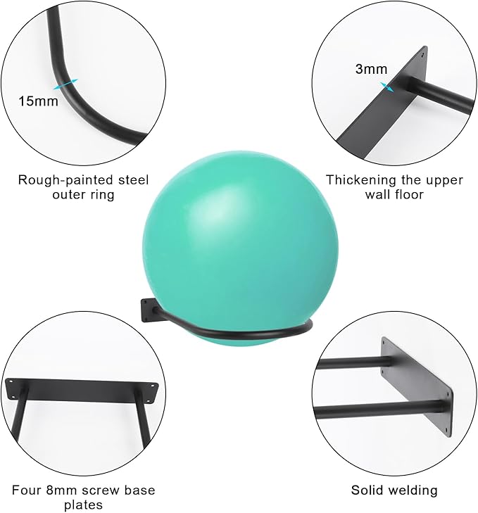 Stability Ball Holder Wall Mount - Heavy Duty Exercise & Yoga Ball Storage Rack for Home, Yoga Studios, and Commercial Gyms - Space-Saving Design for Stability Balls up to 85cm(Black 2-pack)