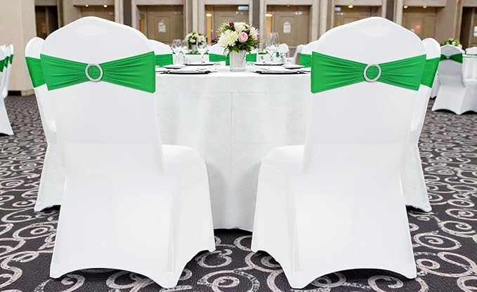 MDS Pack of 100 Spandex Chair Sashes Bow Universal fits Elastic Dining Chair Bands Ties with Buckle for Wedding Party Banquet Events Decoration Spandex Slider Sashes Bow - Light Green