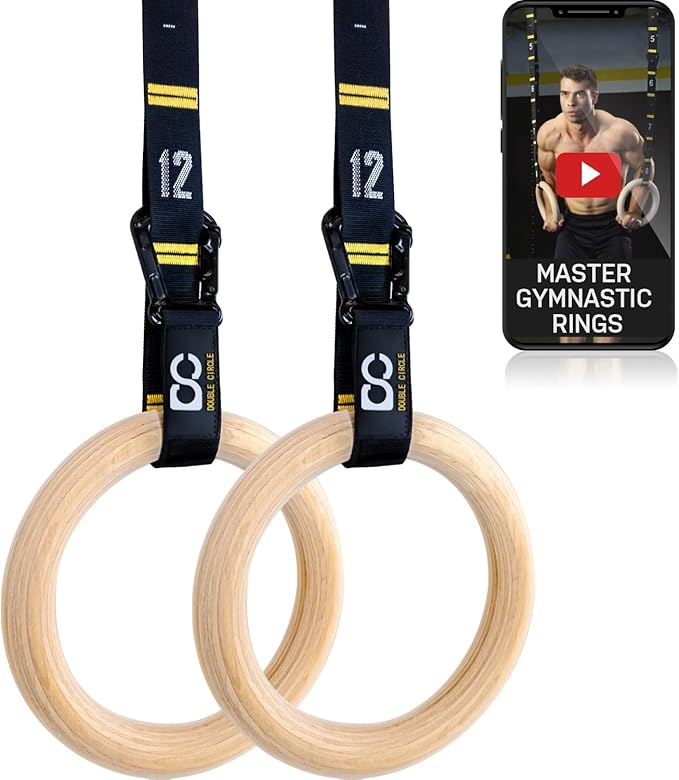 Double Circle Gymnastics Rings with Quick Adjust Numbered Straps and Exercise Videos Guide - Full Body Gym Rings - Calisthenics Rings Wooden Rings 1.25" (Wax Oil Finish)