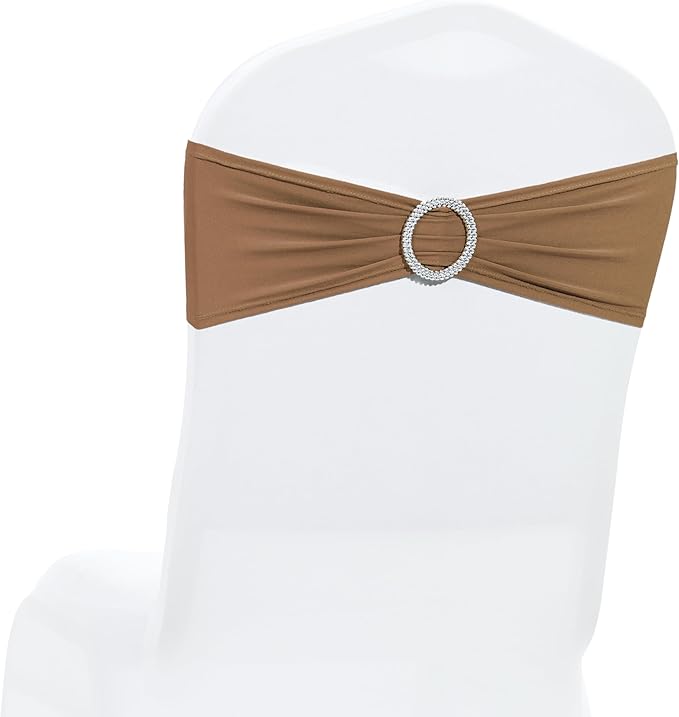 MDS Pack of 200 Spandex Chair Sashes Bows Universal fits Elastic Stretch Chair Bands Ties with Buckle Slider Bow for Wedding Decoration Spandex Slider Sashes Bow - Mocha