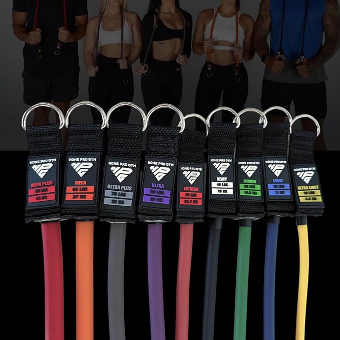 HomeProGym Stackable Resistance Band Set - with Up to 450LBS of Resistance, Band Bar, Premium Handles, Heavy Duty Door Anchor, Padded Ankle Straps, Digital Workout Guide