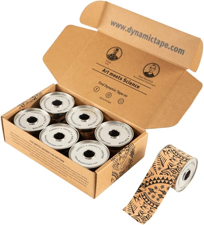 Dynamic Tape Original - Biomechanical Athletic Tape | 4 Way Stretch & Stronger Recoil Than Kinesiology Tape | Designed for Muscle & Joint Load Management | High-Load Sports Use (2" Black/Beige 6pack)