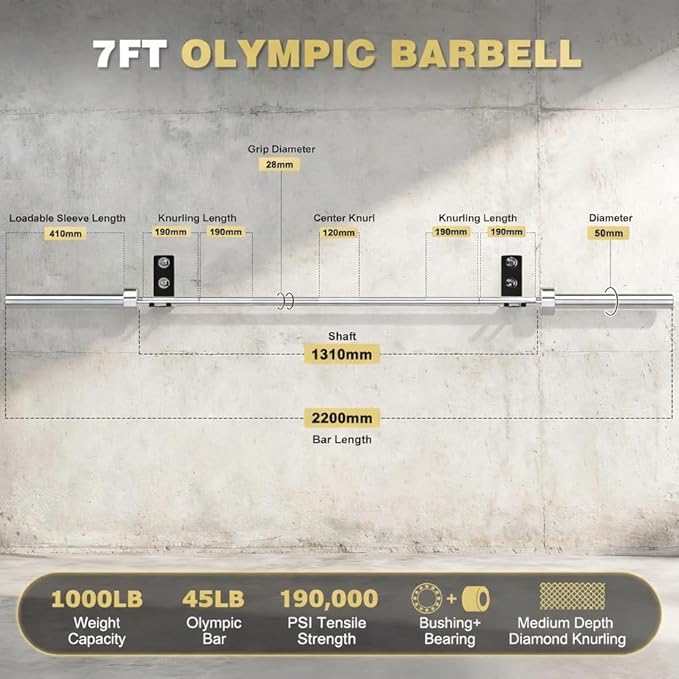 7FT Olympic Barbell for Home Gym Strength Training, 45 Lbs 2-inch Weight Bar with 28mm Grip, 1000 Lbs Capacity 190K PSI Alloy Steel