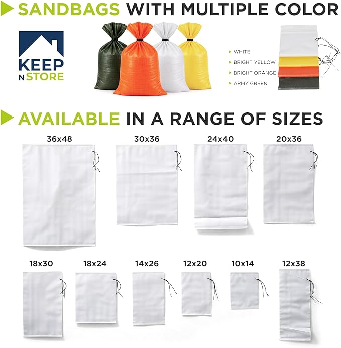 Heavy Duty Sand Bags Pack of 12, White Empty Sandbags with Built-In Ties, Woven Polypropylene UV Protection 1600 Hours, Fillable Bags for Flood Control, Weight, 18x24 inches, 60 Pounds Volume