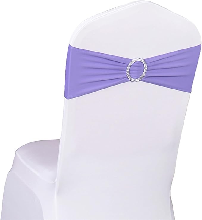 Pack of 50 Spandex Lavender Chair Sashes for Wedding - Light Purple Chair Bows Bands Buckles Fitting Birthday Party Ceremony Bridal Shower Decorations