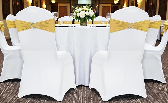 VDS - Gold | Spandex Chair Sashes Bows | 25 PCS | Stretch Elastic Banquet Universal Folding Chair Band Tie with Silver Buckle Slider for Wedding Party Conference Celebration Event Decoration
