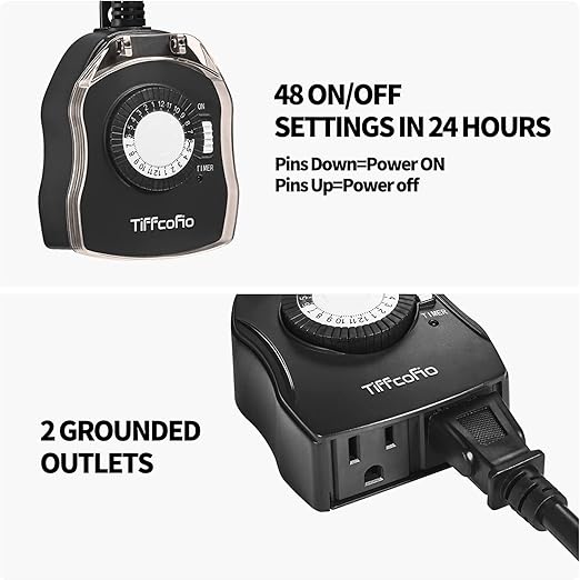 TiFFCOFiO Outdoor Timer Outlet for Lights, 24 Hour Mechanical, Outdoor Light Timer Waterproof, 2 Grounded Outlets for Home and Garden, 15A 1/2HP, Heavy Duty, CSA Listed (4 Pack)