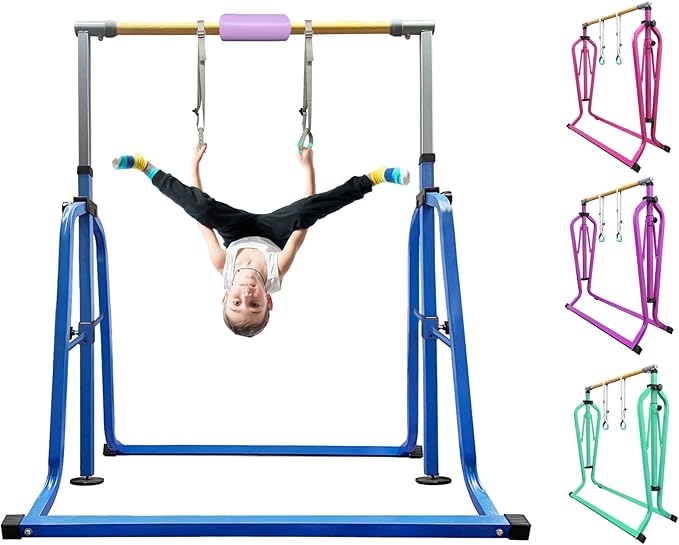 Foldable & Moveable Gymnastics Horizontal Bar with Rings,3’to 5’Adjustable Height Expandable Junior Kip Bar for Home,Indoor Gym Equipment for Kids