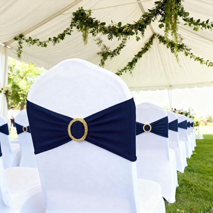 50 Pack Navy Blue Chair Sashes with Gold Buckle Slider, Spandex Dark Blue Bands Bows for Folding Chairs Gender Reveal Banquet Décor