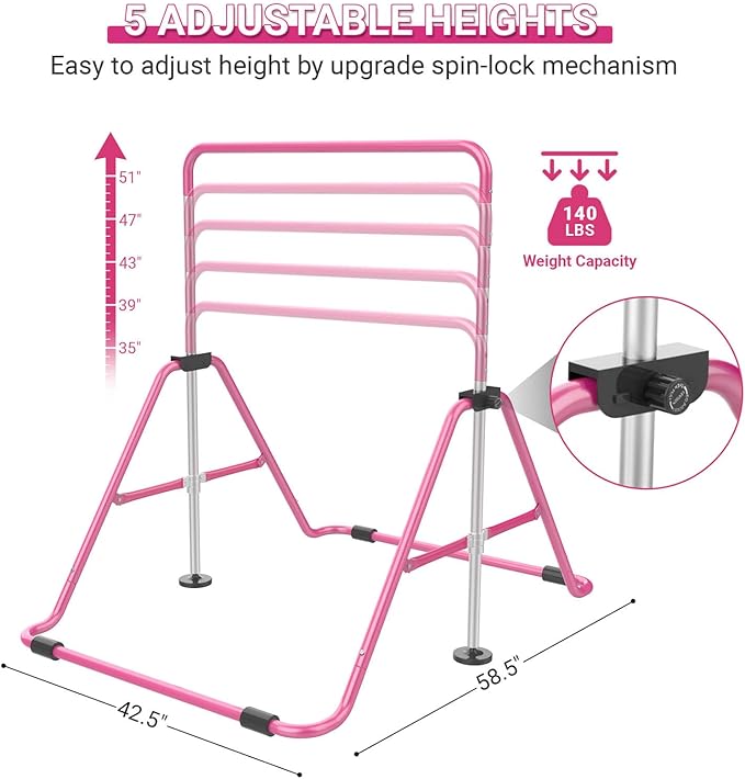 Foldable Gymnastics Bar, 5-Height Adjustable Gymnastic Bars for Kids at Home,Robust & Stable for Indoor/Outdoor Using,Weight Limit 140LBS