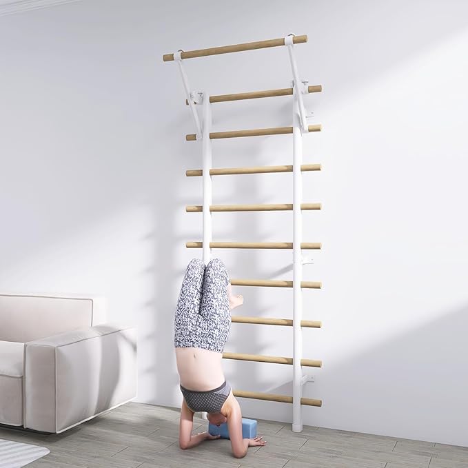 DHT Wood Stall Bar, Swedish Ladder Suspension Trainer with 9 Strategic Rods, for Home, Gym, School and Clinics, White