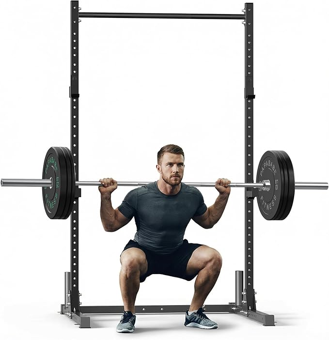 papababe Squat Rack with Pull Up Bar for Home Gym, Adjustable Power Cage with J-Hooks, 800LB Capacity Multi-Functional Bench Press Power Rack for 6FT, 7FT Barbell, Weight Lifting Rack