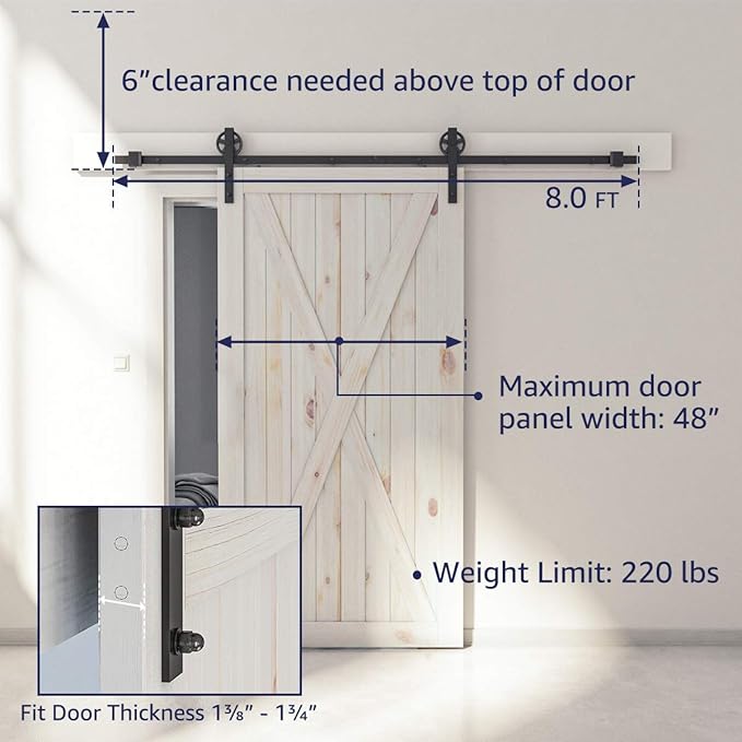SMARTSTANDARD 8 FT Heavy Duty Sliding Barn Door Hardware Kit, 4FT - 18FT, Black, Smoothly and Quietly, Simple and Easy to Install, Fit 42"- 48" Wide Door Panel (Industrial Bigwheel Hangers)