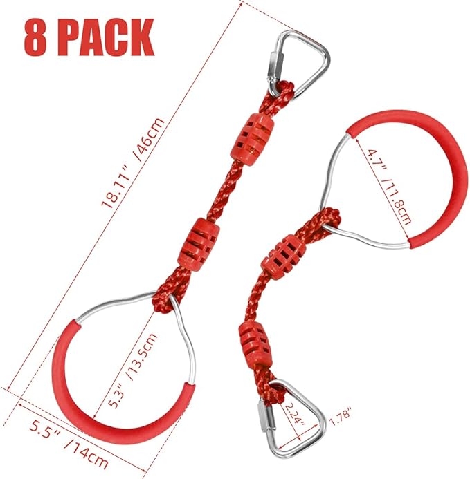 Backyard Ninja Ring Hang Gymnastic Fist Swing Monkey Bar Playground Equipment Climbing Attachment Playground Play Set, 8 Red Obstacle Course Fit Rings Jungle Gym Slackline Warrior Training Equipment