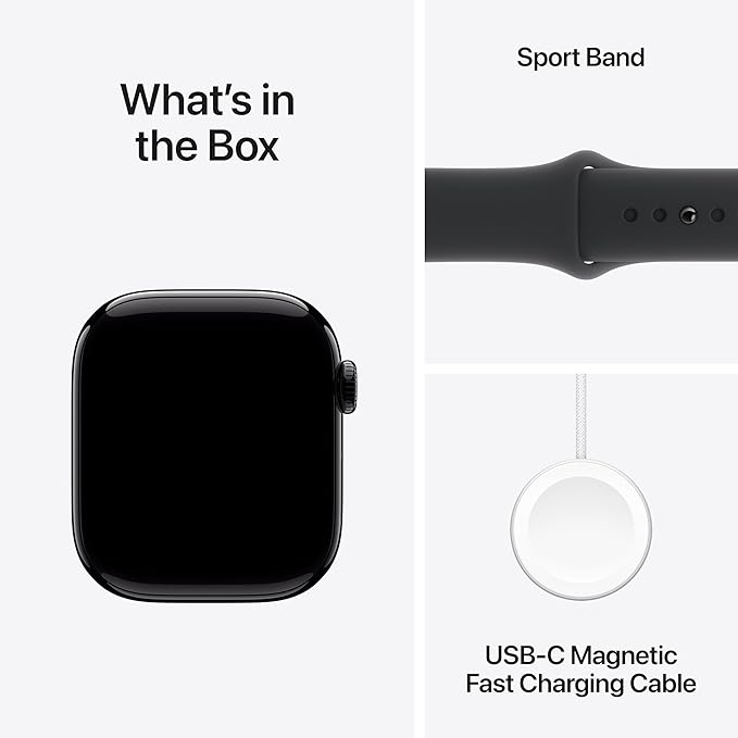 Apple Watch Series 10 [GPS + Cellular 42mm case] Smartwatch with Jet Black Aluminum Case with Black Sport Band - M/L. Fitness Tracker, ECG App, Always-On Retina Display, Water Resistant