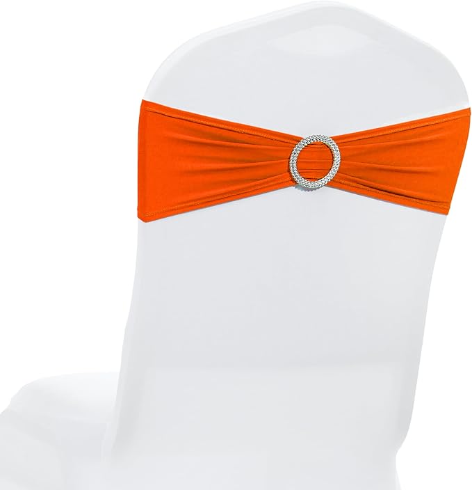 MDS Pack of 75 Spandex Chair Sashes Bow Premium Stretch Chair Cover Band with Buckle Slider Universal fits Elastic Dining Chair Ties for Wedding Party Banquet Events Decoration - Orange