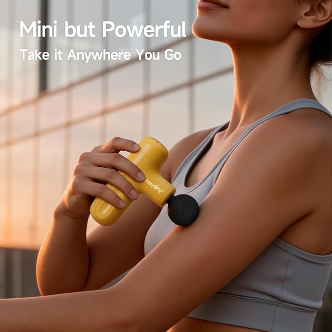 HEYCHY Super Mini Massage Gun Deep Tissue, Handheld Percussion Muscle Massager with 4 Heads, Travel Size Massager Gun for Men & Women Back Pain Relief, Quiet for Home, Gym, Office, Yellow