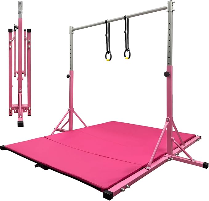 Gymnastics Bar for Kids Girls Ages 3-15 with Ring for Home Indoor Training Equipment- Steady Steel Construction, Anti-Slip, Easy to Assemble, 3' to 5' Adjustable Height