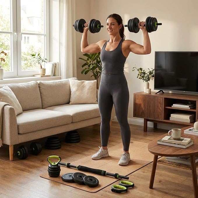 Adjustable Dumbbell Set 44LB, 4-in-1 Free Weight Set with Barbell & Kettlebell & Push-Up Handles, Compact All-in-One Home Gym for Men & Women, Anti-Slip Grip, Quiet Rubber-Coated Plates