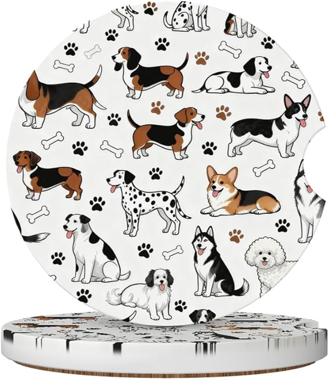 Car Cup Holder Coasters, 2 Pcs Ceramic Coasters with Finger Slot and Cork Back, Anti-Slip Shock Absorbing Women and Men Universal Car Accessories - Lovable Dog