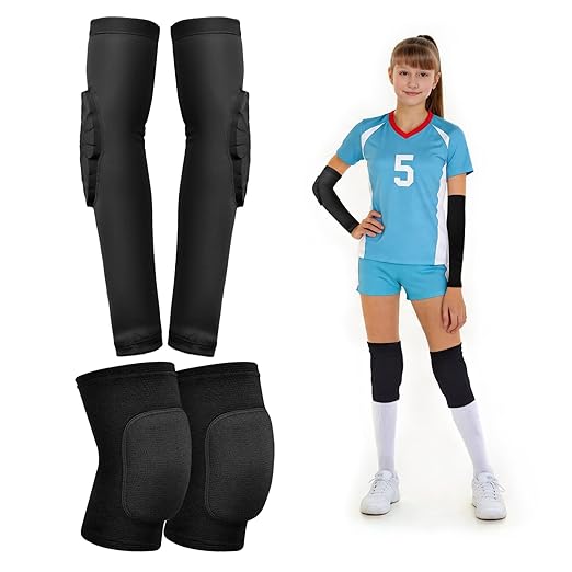 Volleyball Knee Pads and Arm Sleeves with Elbow Pads Set, High Protection Arm Pads Knee Pads for Youth Girls Boys Women Men Volleyball Basketball Football Skateboarding Wrestling Dance (Black/L)
