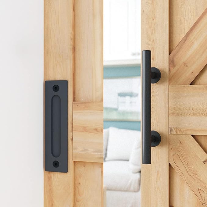 SMARTSTANDARD 7 FT Heavy Duty Sturdy Sliding Barn Door Hardware Kit, Black, (Whole Set Includes 1x Pull Handle Set & 1x Floor Guide) Fit 40''-42" Wide Door Panel (I Shape Hanger)