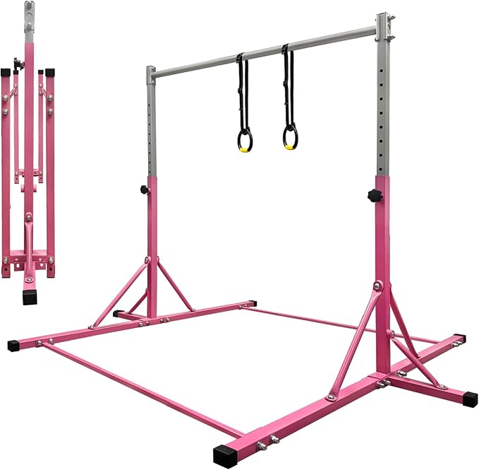 Gymnastics Bar for Kids Girls Ages 3-15 with Ring for Home Indoor Training Equipment- Steady Steel Construction, Anti-Slip, Easy to Assemble, 3' to 5' Adjustable Height