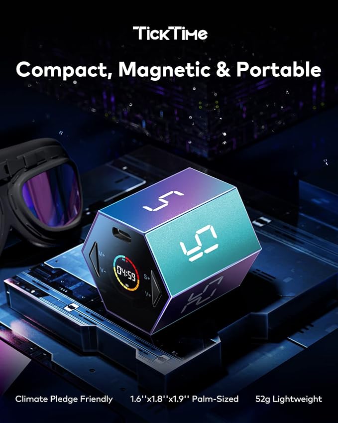 Ticktime Pomodoro Timer, Productivity Timer Cube, 5/15/25/30/45/60 Min Presets, Custom Countdown & Stopwatch 1s–99m59s, Sound/Vibration/Silent, Magnetic, Rechargeable, for ADHD Study Work,Violet
