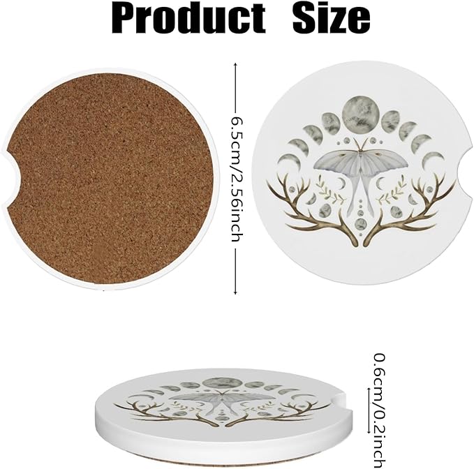 Car Cup Holder Coasters, 2 Pcs Ceramic Coasters with Finger Slot and Cork Back, Anti-Slip Shock Absorbing Women and Men Universal Car Accessories - White Butterfly